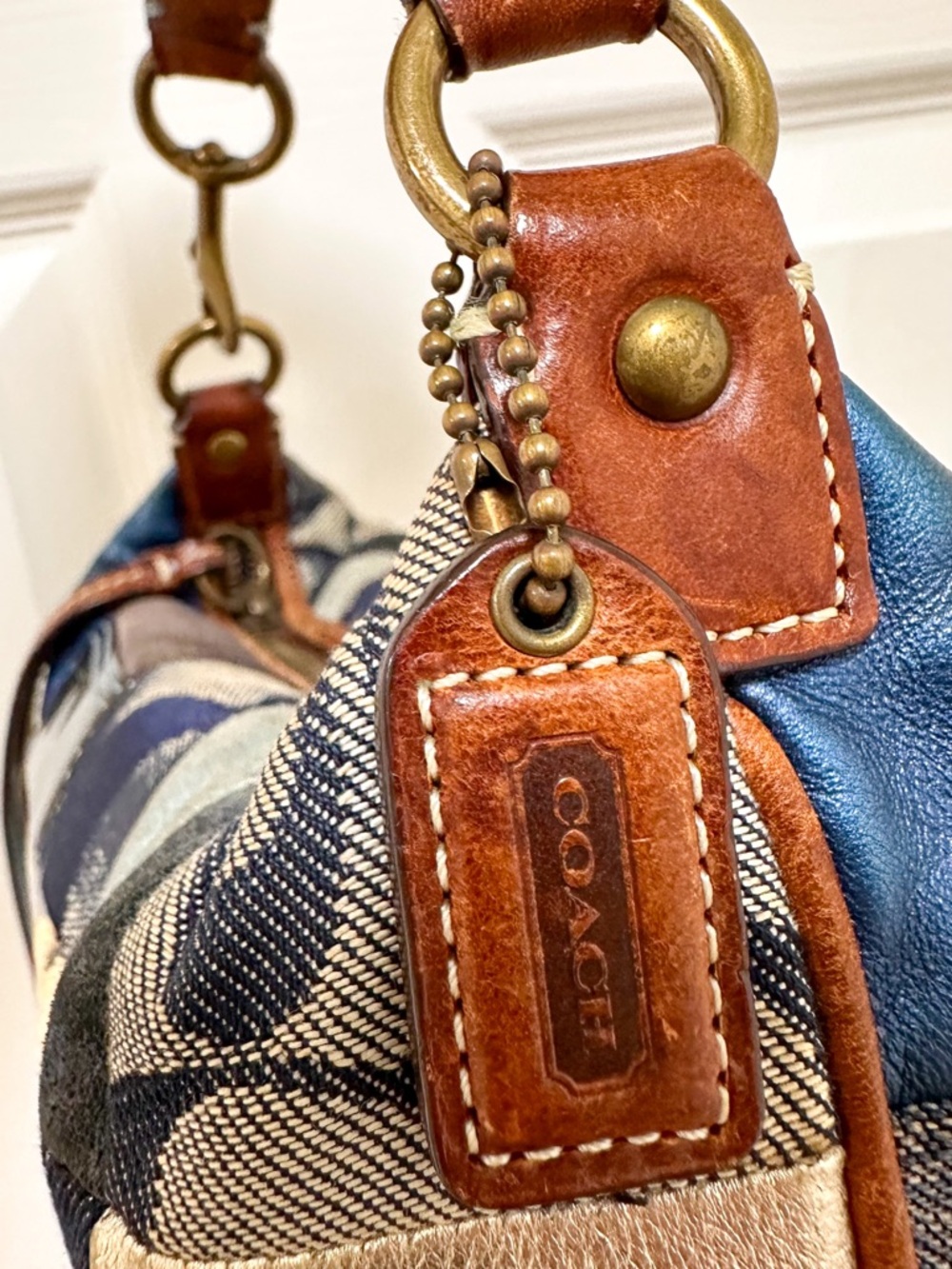 Coach Denim Patchwork Demi Bag Blue Multi Leather Trim Baguette Vintage Y2K - Picture 14 of 14